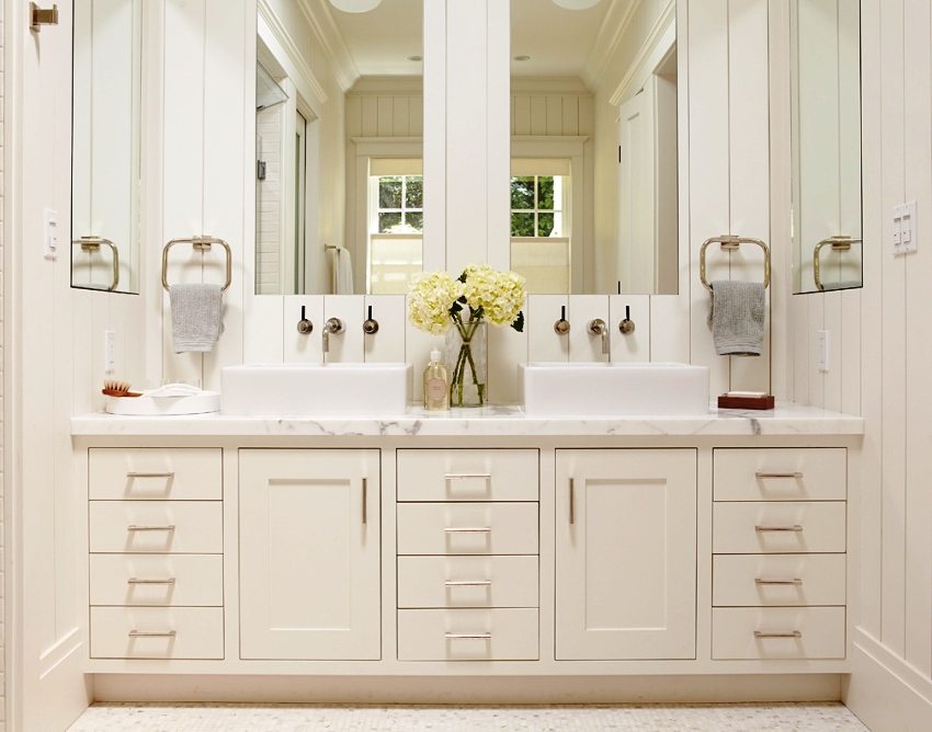 Bathroom panels and furniture are matched in the same color scheme