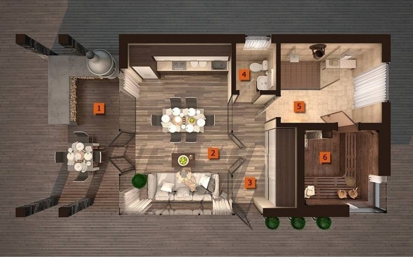 1 - terrace with barbecue, 2 - recreation room, 3 - corridor, 4 - bathroom, 5 - shower room, 6 - steam room