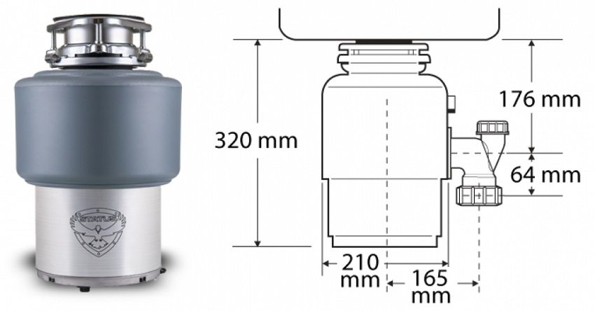 Overall dimensions of the STATUS PREMIUM 150 food waste disposer