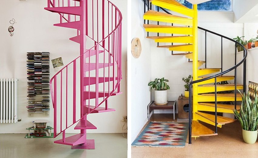 Spiral metal stairs, painted in bright colors