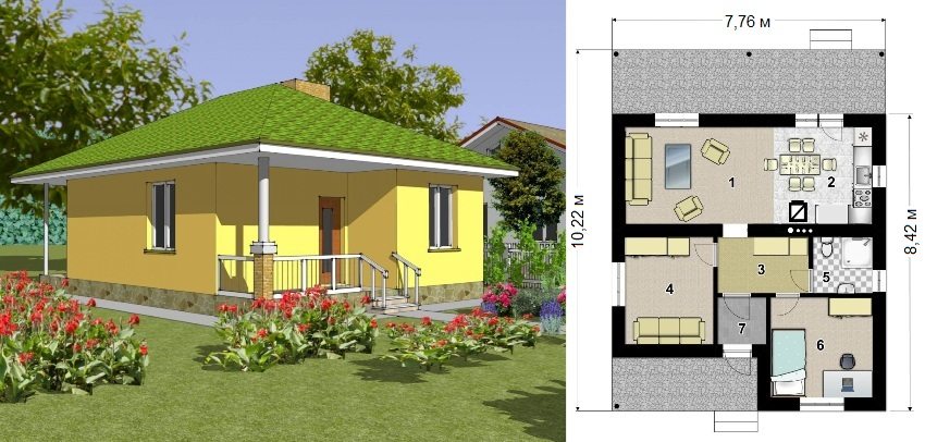 Projekt okvirne kuće površine 49,3 m2: 1 - dnevni boravak, 2 - kuhinja, 3 - predsoblje, 4 - spavaća soba, 5 - kupaonica, 6 - spavaća soba, 7 - predvorje