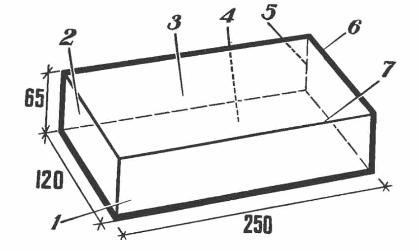 Dimensiunile unei cărămizi standard de nisip și var și numele laturilor sale: 1 - linguri, 2 - poke, 3 - pat superior, 4 - pat inferior, 5 - nervură verticală, 6 - nervură transversală orizontală, 7 - nervură longitudinală orizontală