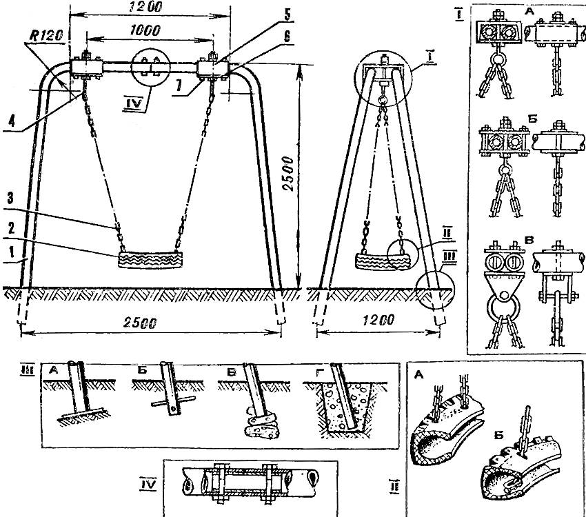 Diagram of the device of a suspended swing from a car tire on a metal frame: 1 - racks; 2 - tire; 3 - welded calibrated chain; 4 - M12 bolt with an eyelet; 5 - a section of channel No. 14 with a length of 200 mm; 6 - steel plate 140x200 mm; 7 - bolt М12
