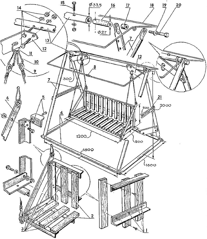 Diagram of the garden swing device: 1 - screws for fastening the backrest and seat strips; 2 - strips; 3 - corners of the rocking seat frame; 4 - bar of the base of the swing farm; 5 - rivets; 6 - connecting strip of seat stiffness and seat suspension; 7 - side rods of the swing farm; 8 - connection of the ends of the support frame of the awning; 9 - cord for suspension of the rocking chair; 10 - carbine; 11 - ring; 12 - gusset-brace; 13 - upper bar of the swing farm; 14 - connecting bolts with washers and nuts; 15 - insert fixing bolt; 16 - insert with a hole and internal thread for a connecting bolt; 17 - wide spacer washer; 18 - support frame for the awning; 19 - washer; 20 - bolt connecting the upper bar with the side ones; 21 - crossbar - 2 pcs. (steel strip with bolts)