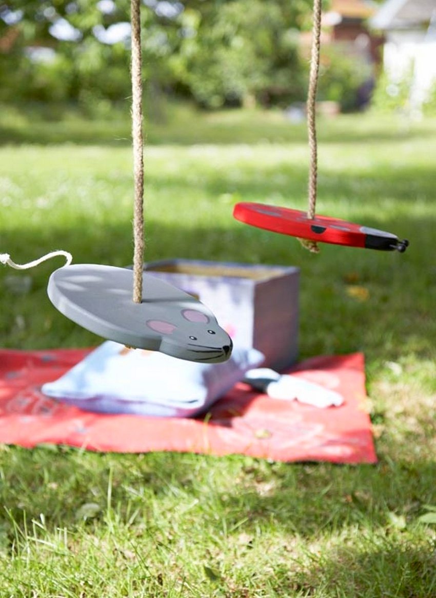 Children's swing made of wood, made by hand, in the form of a mouse and a beetle