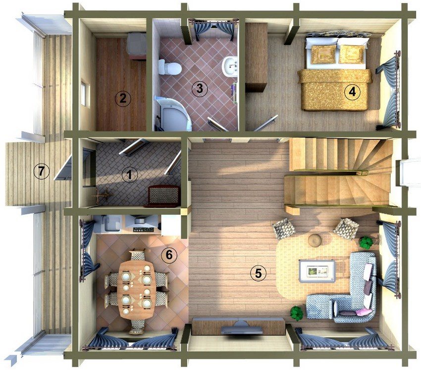Projekt dvokatnice 6x6 m. Plan prvog kata: 1 - predsoblje; 2 - pomoćni blok; 3 - kupaonica; 4 - spavaća soba (vrtić, radna soba); 5 - dnevni boravak; 6 - kuhinja