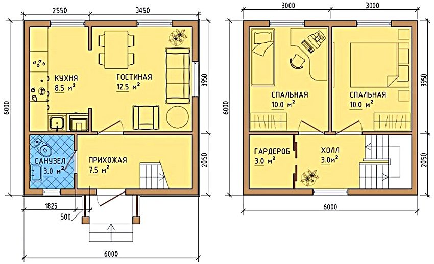 Layout option for a 6x6 house with two bedrooms and a dressing room on the second floor