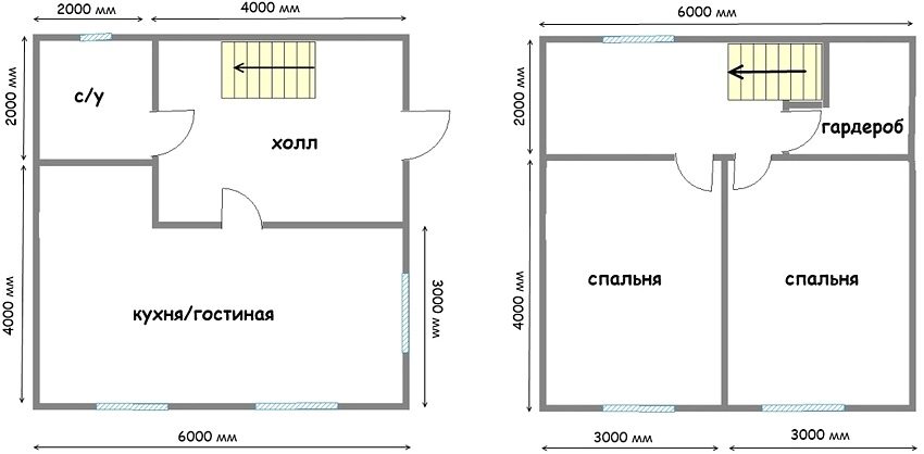 Layout option for a two-story house 6 by 6