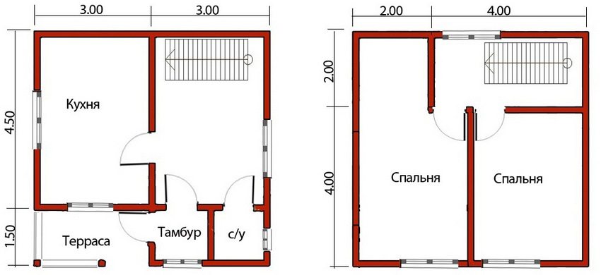 Floor plan of a two-storey house 6 by 6 with a small terrace