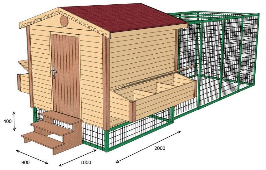 Model 3D d'un galliner d'hivern amb una casa per a ocells i una zona de passeig