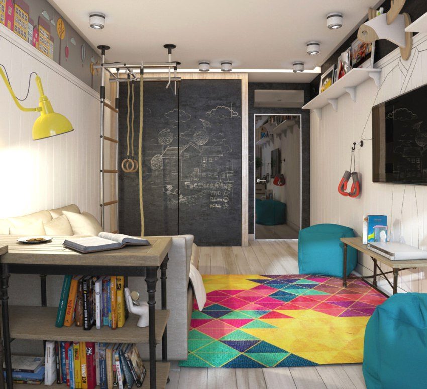 Covorul colorat și masa de raft deschisă zonează camera în două