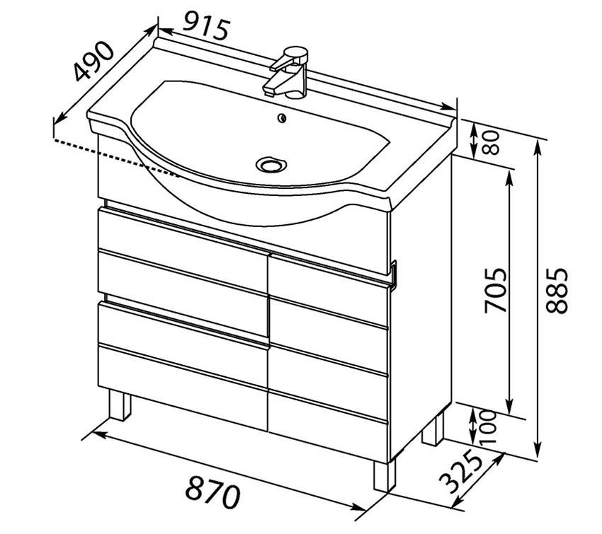 Dimensions of the vanity unit with drawers