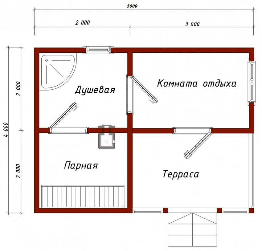 Projekt om et lille badehus på 4x5 m med et brusebad på 4 m²