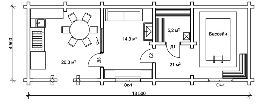 Saunaprojekti uima-altaalla: terassi - 20,3 m², rentoutumishuone - 14,3 m², höyryhuone - 5,2 m², uima-allas - 21 m²