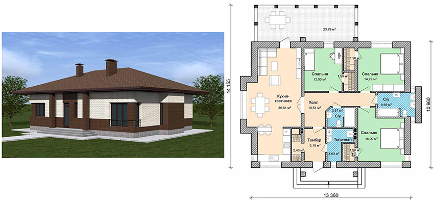 Project of a brick one-story house with a terrace measuring 13.36x14.16 m2