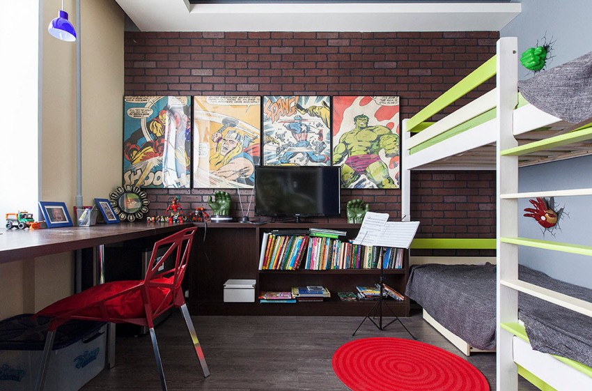 In the room where two children will rest, study, play and be creative at once, the priority is the competent distribution of space and skillful zoning