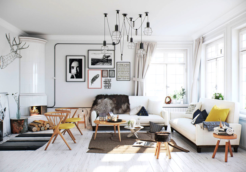 Det vigtigste møbel i stuen er sofaen, der spiller rollen som et accent-sted i interiøret.