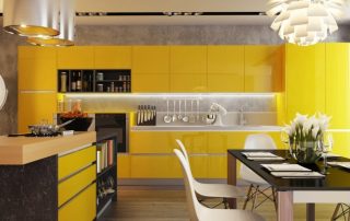 Dapur kuning: gabungan sempurna di bahagian dalam yang cerah