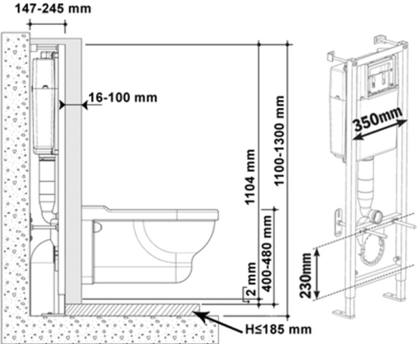 Når du installerer toiletter, skal parametrene for nicher i badeværelset matche deres dimensioner i henhold til tegningen
