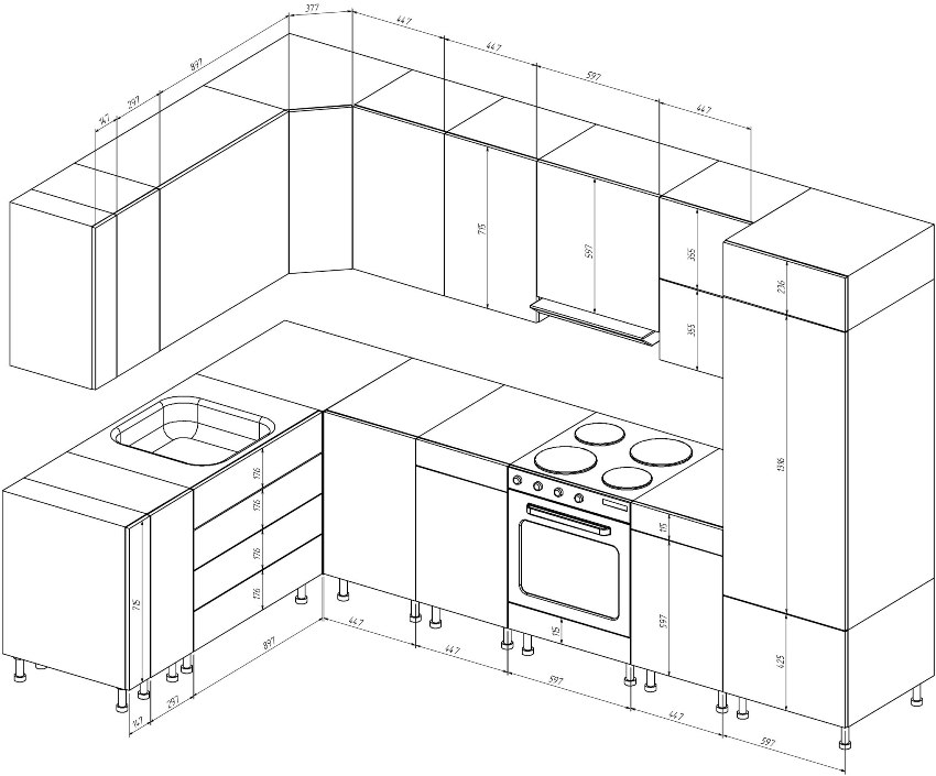 Kako bi se kuhinjski set skladno uklopio u prostor, trebali biste nacrtati njegov crtež