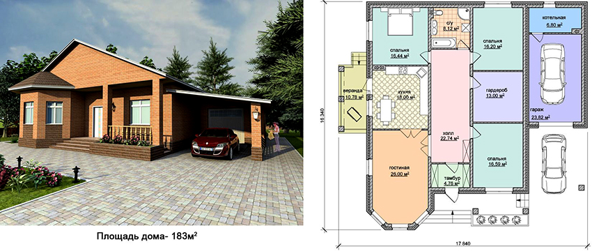 Projekt af et etagers rektangulært hus med et areal på 183 m² med garage
