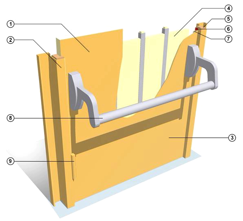 The structure of fire doors: 1 - a sheet of double cold-rolled sheet, 2 - a frame made of an all-metal bent profile, 3 - an external coating (painting), 4 - door filler (fire-resistant basalt plate), 5 - box filler (fire-resistant basalt plate), 6 - fire-resistant thermo-expanding tape, 7 - seal loop against smoke penetration, 8 - Anti-panic system, 9 - steel hinges with thrust bearing