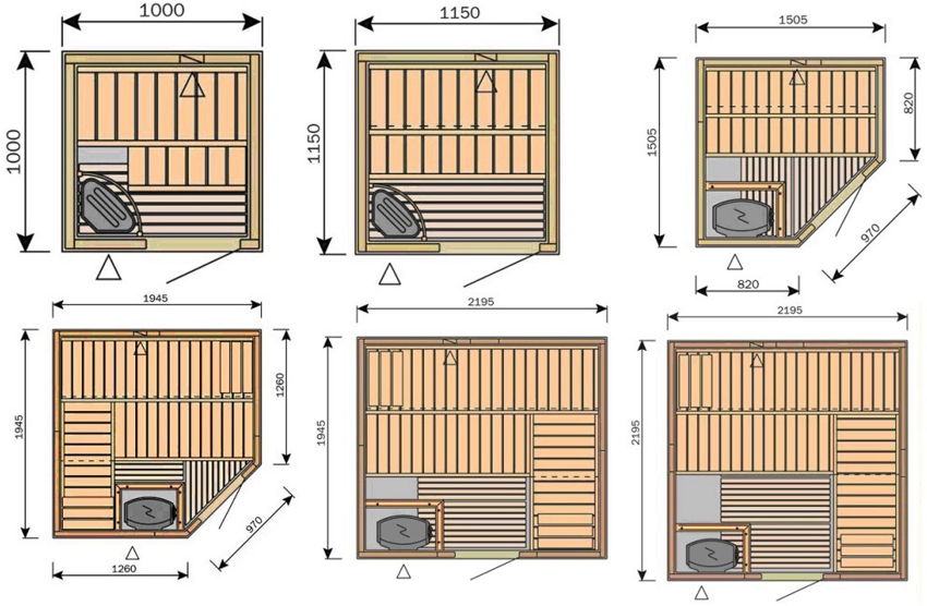 Monteringsdimensjoner for forskjellige alternativer for boder med veggstørrelser fra 1 til 2,19 m