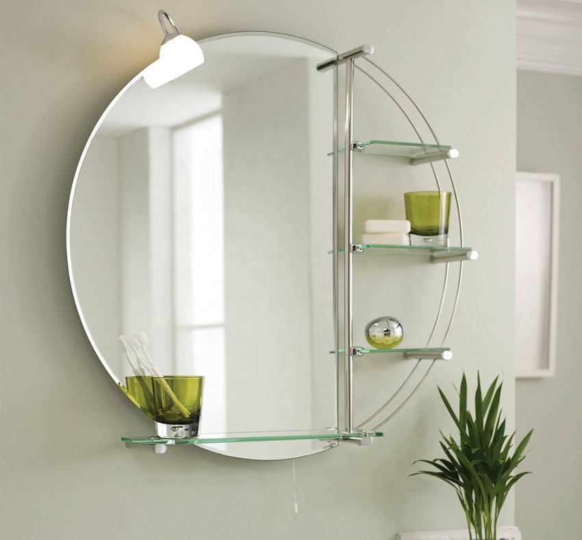 Oglindă rotundă iluminată cu rafturi de depozitare